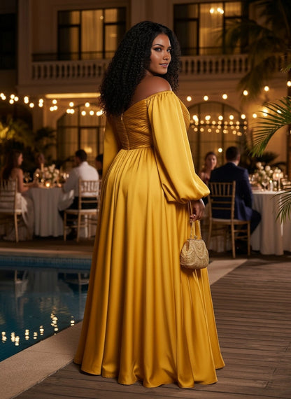 Roselledress smooth satin formal dress plus size off shoulder pleated zipper back prom long dress back view