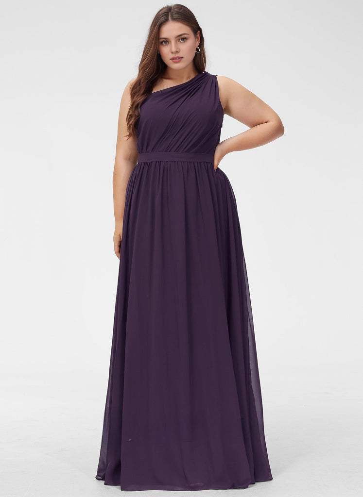 Roselledress dark purple chiffon plus size bridesmaid dress one shoulder flowy maxi formal gown
