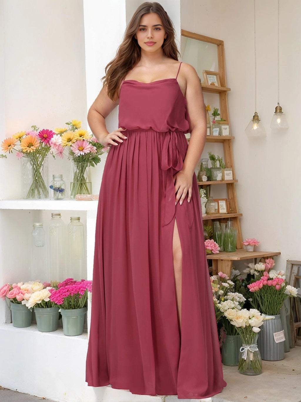 roselledress Rose gold chiffon plus size bridesmaid dress cowl spaghetti strap waist tie high slit floral studio wedding maxi gown