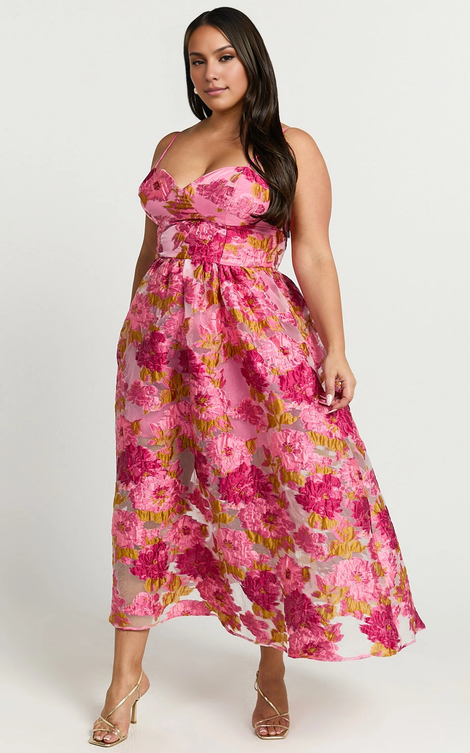 Spaghetti Strap Floral Jacquard Midi Plus Size Wedding Guest Dress