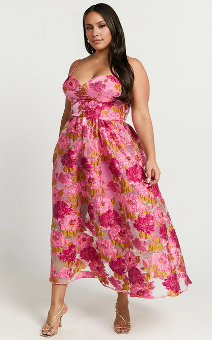 Spaghetti Strap Floral Jacquard Midi Plus Size Wedding Guest Dress