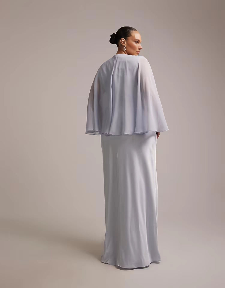 Back view of roselledress light lilac chiffon cape‑overlay zip‑back plus size floor‑length formal gown