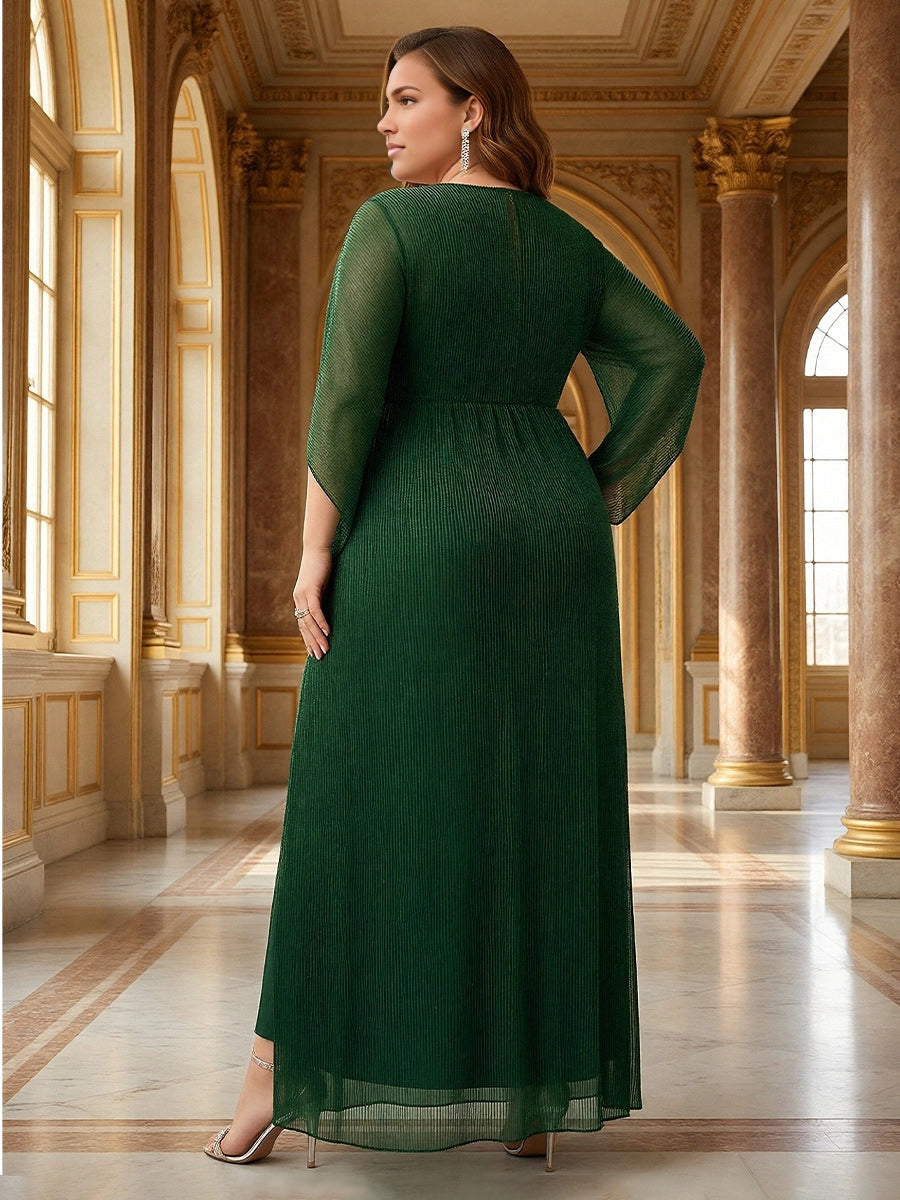 Model wearing roselledress dark‑green plus‑size glitter wedding guest dress cape‑sleeve zipper‑back rear view