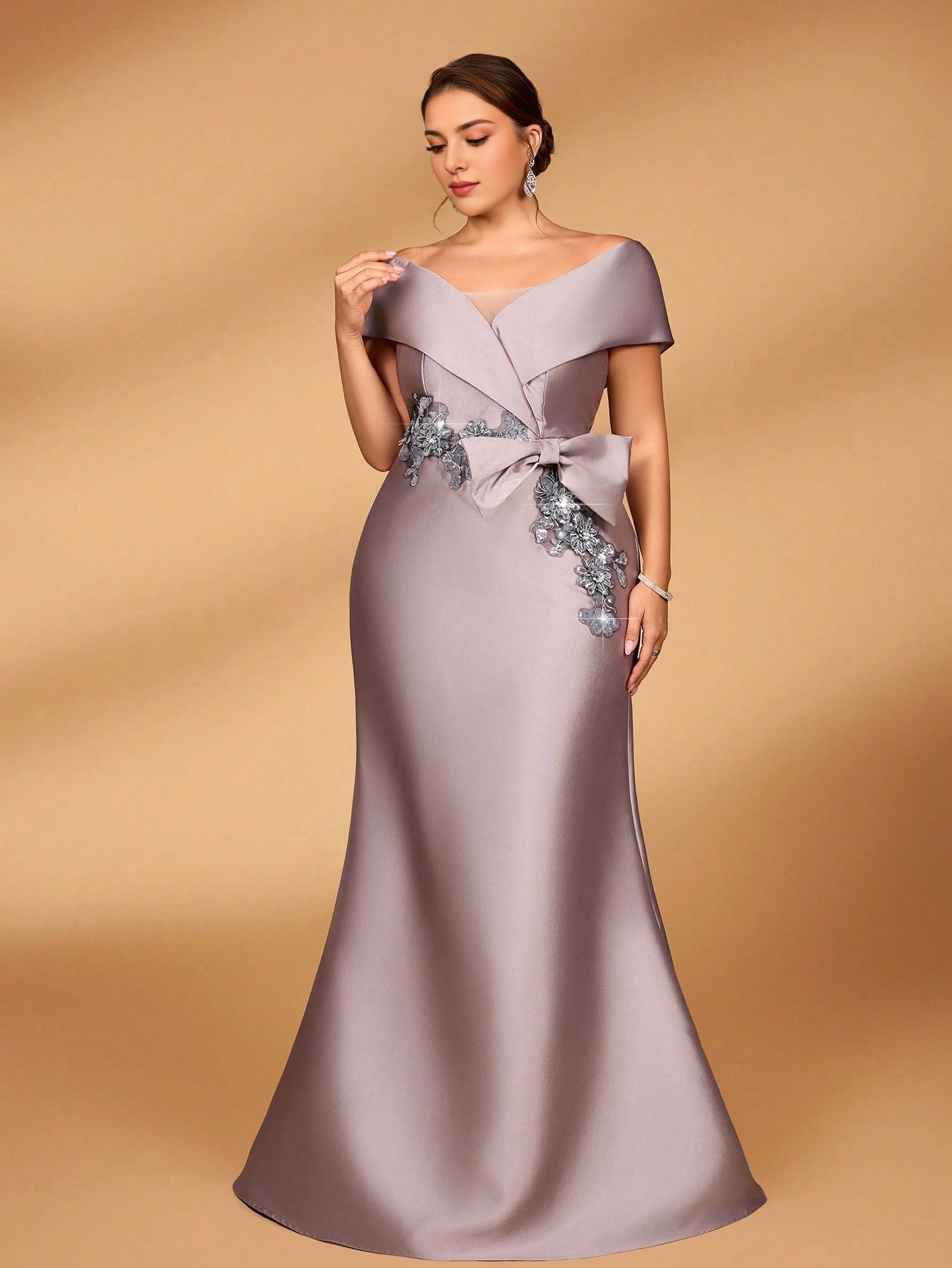 Lavender Plus‑Size Mermaid Off‑The‑Shoulder Short‑Sleeve Zipper‑Back Floor‑Length Prom Dress