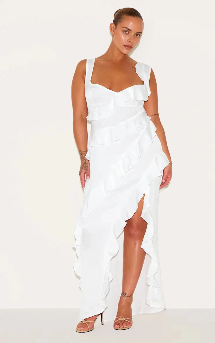Satin Ruffled Midi V‑Neck Sleeveless Open‑Back Maxi Plus Size Wedding Guest Dress