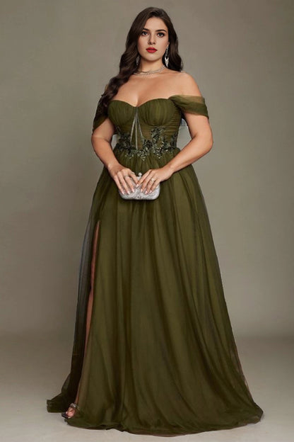 Roselledress olive green plus size a‑line prom dress off‑the‑shoulder tulle corset evening gown with appliques and high slit
