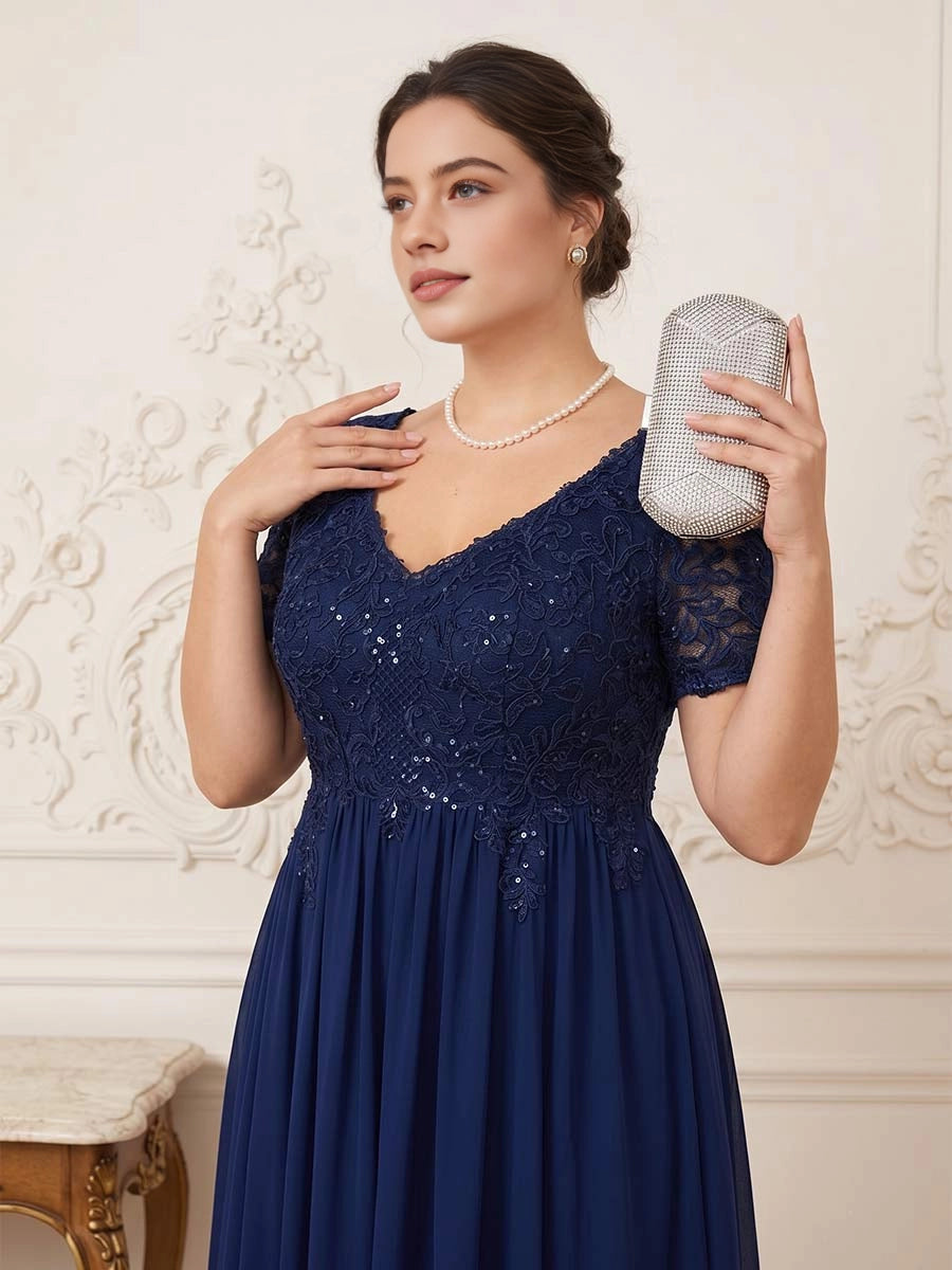Flowy A-Line Double-V Short-Sleeve V-Back Floor-Length Plus Size Mother Of Bride Dress