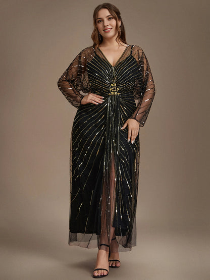 Roselledress Black Straight V Neck Long Sleeve Open Back Maxi Length Plus Size Wedding Guest Dress 