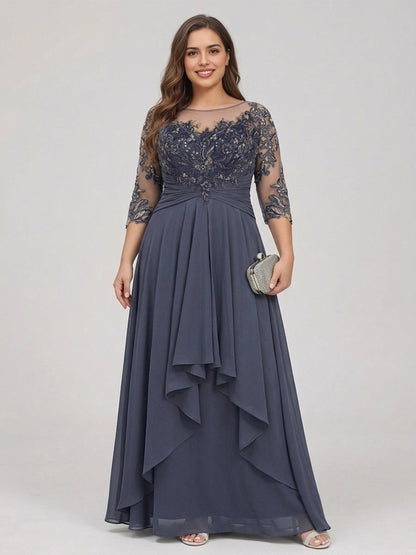 RoselleDress dark grey plus size mother of the bride dress illusion round neck 3/4 sheer lace sleeve ruffle chiffon long formal gown