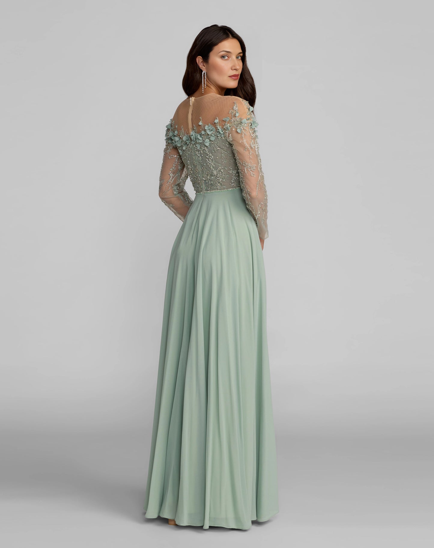roselledress illusion closed back sage green chiffon mother of the bride gown beaded floral applique long sleeve back view