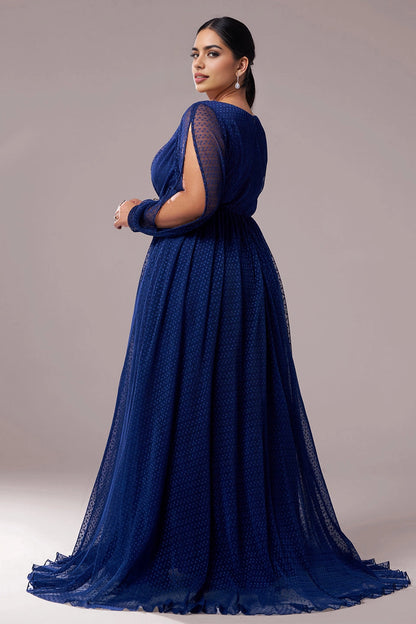Royal Blue Plus Size A-Line Sweetheart Split Sleeve Closed Back Long Prom Dress