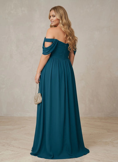 roselledress ruched bodice off‑the‑shoulder zipper‑up floor‑length bridesmaid dress