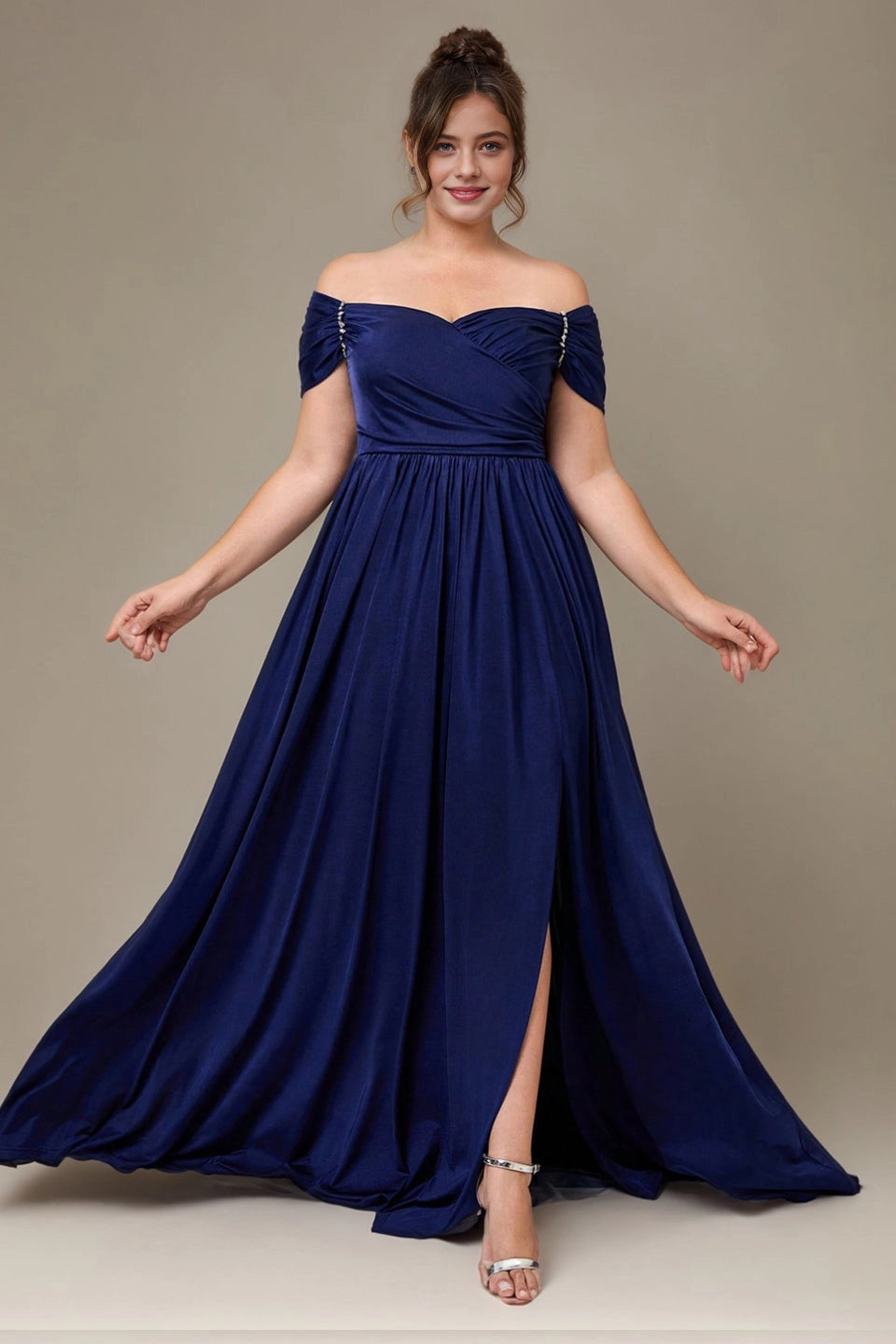 Roselledress navy satin plus size formal gown off shoulder rhinestone sleeve high slit maxi dress front shot