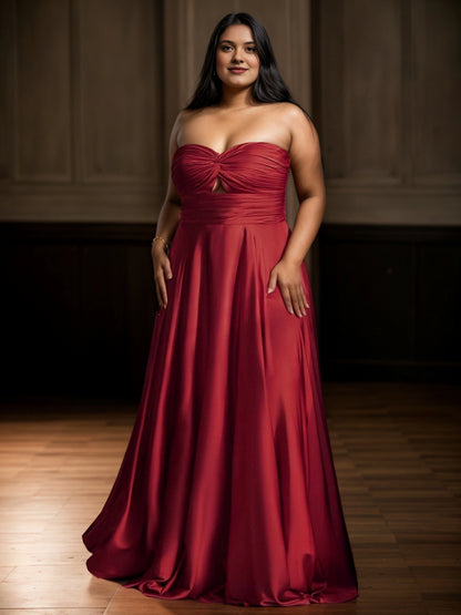 Black Satin A‑Line Sweetheart Strapless Closed‑Back Maxi Plus Size Wedding Guest Dress