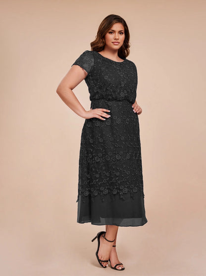 Elegant A‑Line Round Neck Short Sleeve Zipper‑Back Midi Length Formal Plus Size Mother Of The Bride Dress