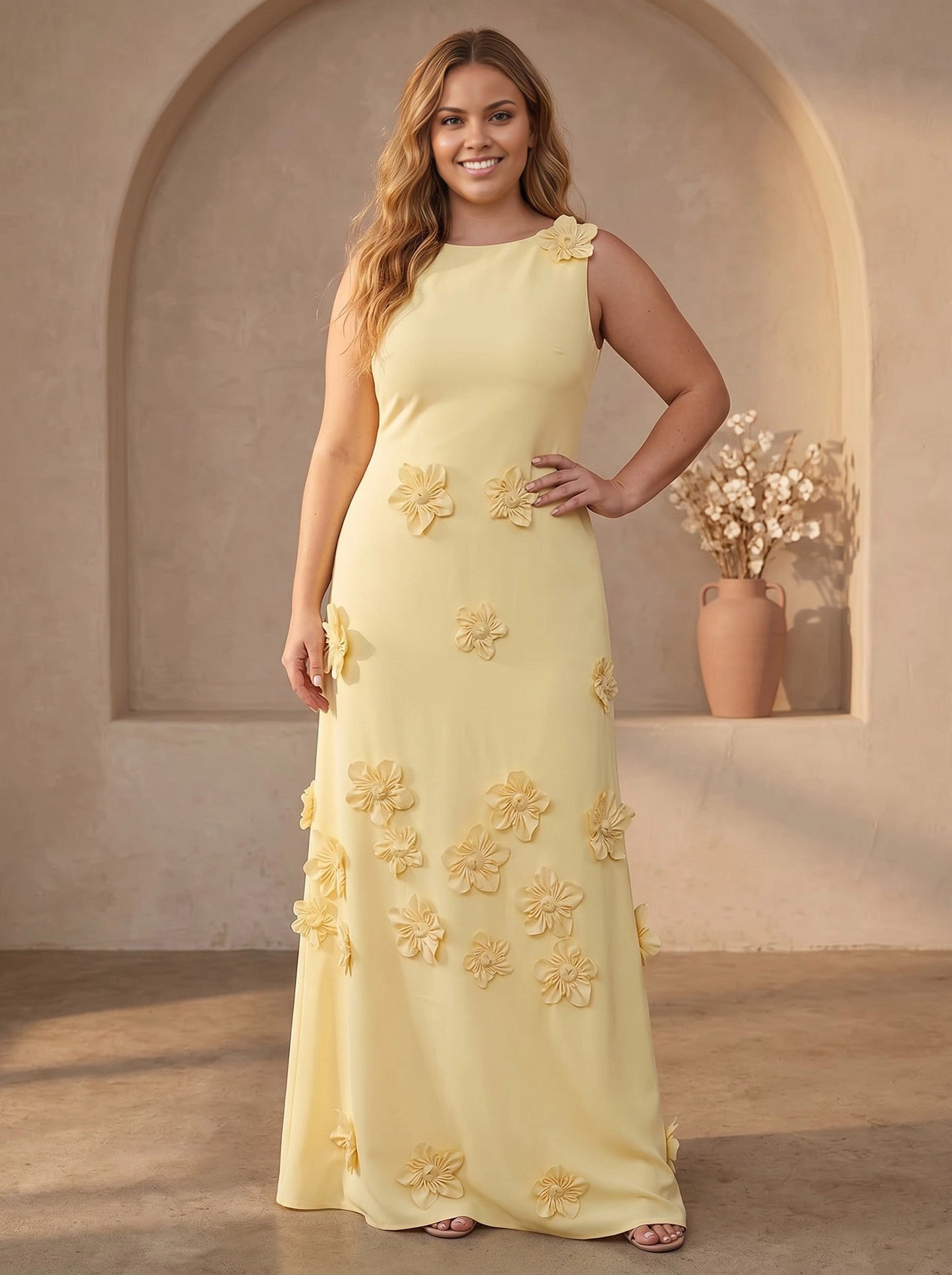 roselledress pale yellow 3d floral applique boat neck sleeveless plus‑size sheath maxi gown