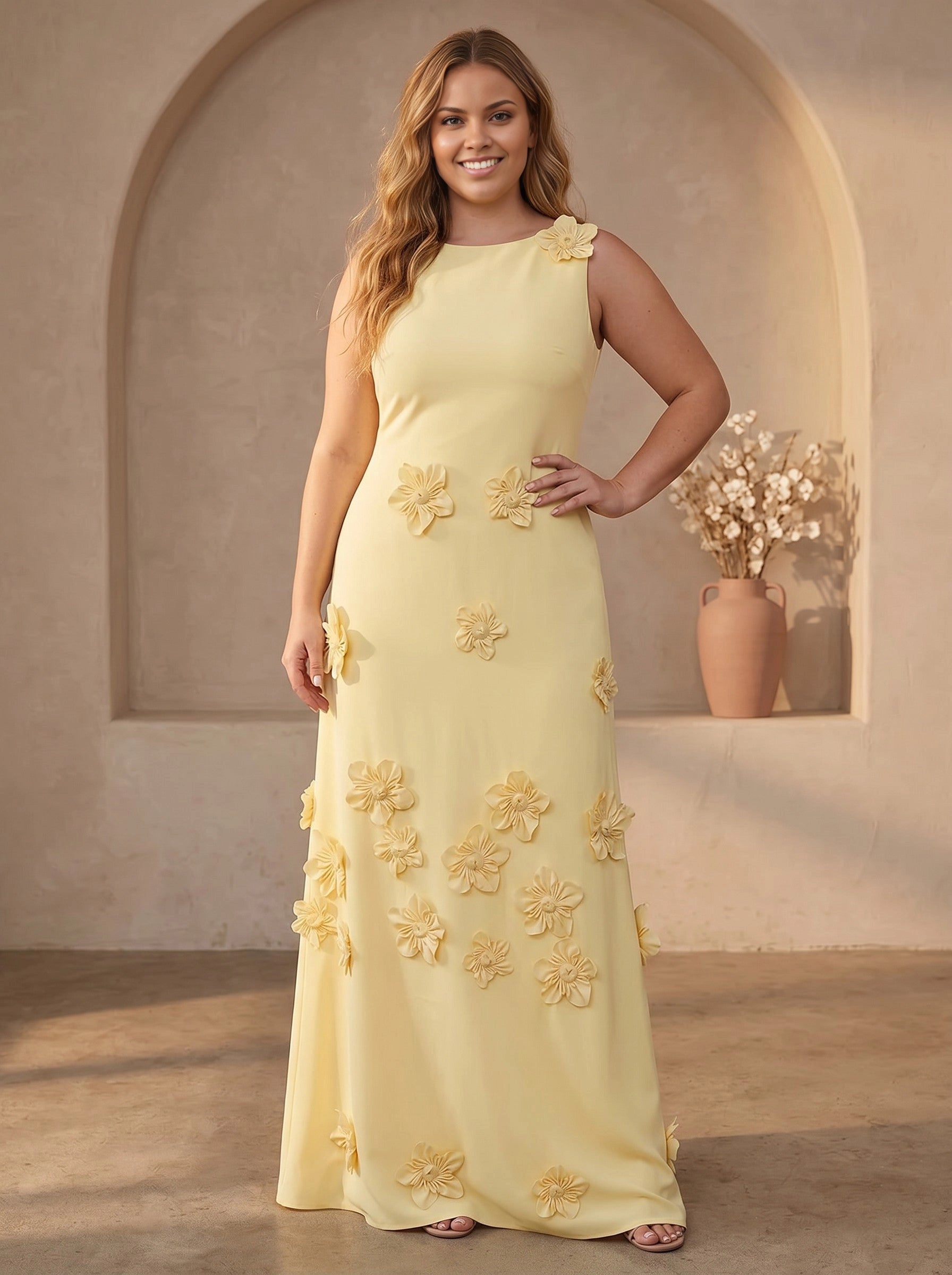 roselledress pale yellow 3d floral applique boat neck sleeveless plus‑size sheath maxi gown