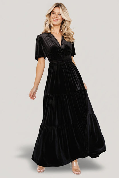 Emerald A‑Line V‑Neck Short‑Sleeve Smocked‑Back Floor‑Length Mother Of Bride Dress