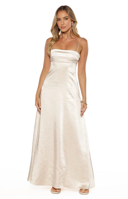 Ivory A-Line Square Neck Spaghetti Smocked Back Long Prom Dress