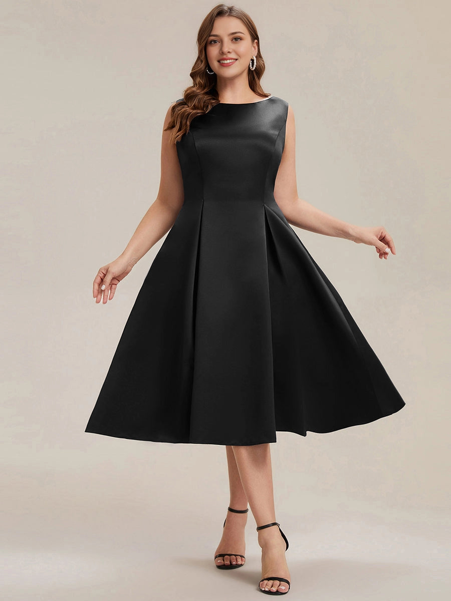 roselledress black satin plus size wedding guest dress bateau sleeveless pleated midi formal gown