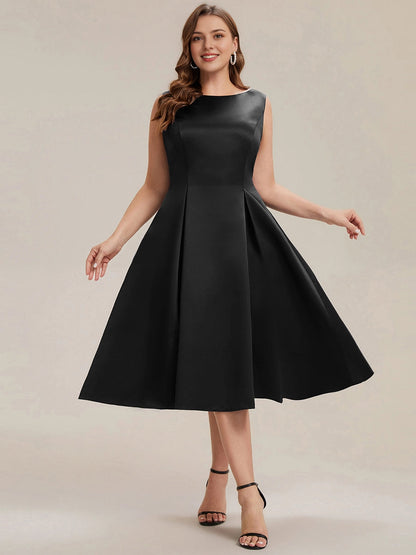 roselledress black satin plus size wedding guest dress bateau sleeveless pleated midi formal gown