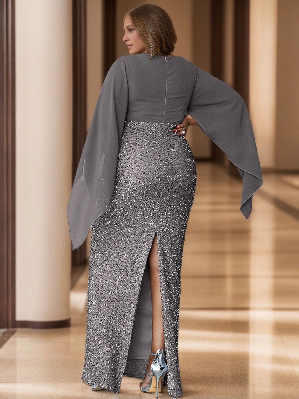 Roselledress two tone sequin maxi plus size dress back view, back zipper thigh slit evening formal gown