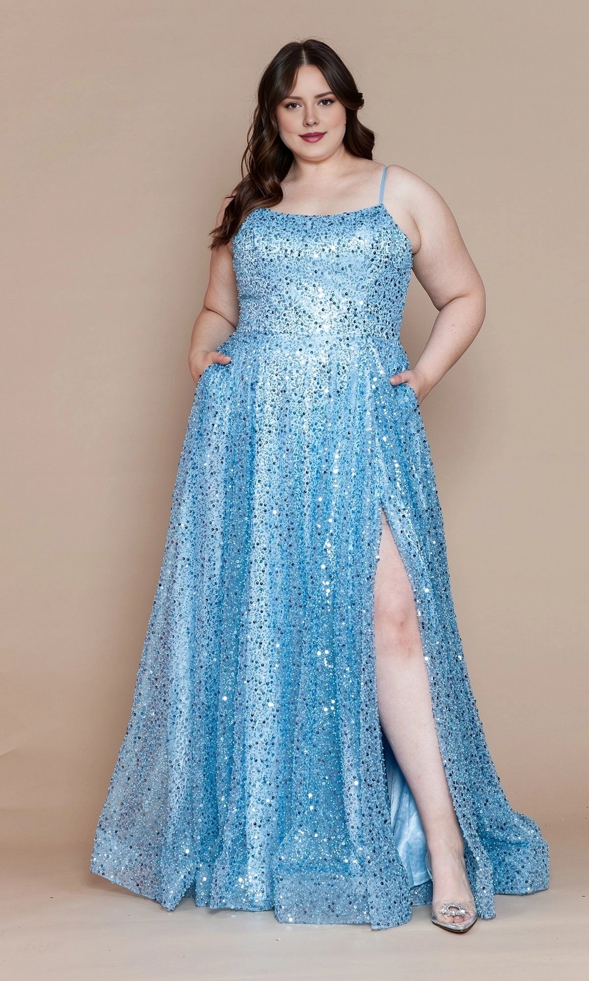 Sparkly A-Line Square Neck Spaghetti Strap Lace-Up Back Slit Floor Length Plus Size Sequin Prom Dress