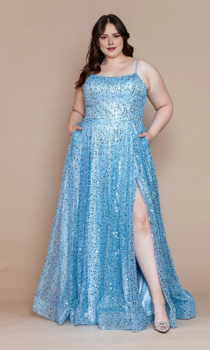 Sparkly A-Line Square Neck Spaghetti Strap Lace-Up Back Slit Floor Length Plus Size Sequin Prom Dress