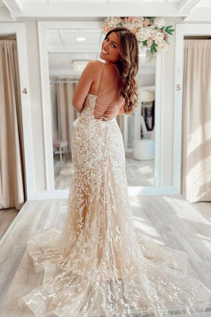 Roselledress champagne lace bridal dress open crisscross lace‑up back mermaid plus size wedding gown sweep train back view