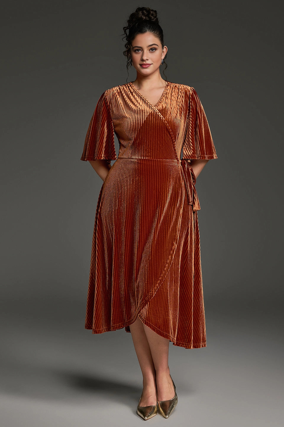 roselledress Terracotta velvet plus size wrap midi dress v neck flutter short sleeve casual formal mother dress