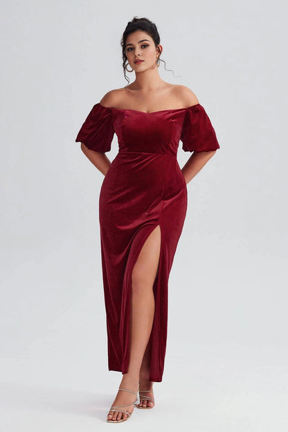 Burgundy Plus Size Sheath Sweetheart Puff‑Short‑Sleeve Smocked‑Back Floor‑Length Prom Dress