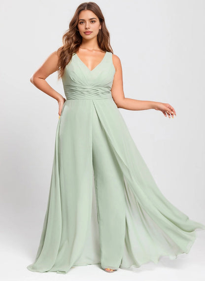 roselledress sage green plus size chiffon jumpsuit gown sleeveless v neck wedding bridesmaid outfit