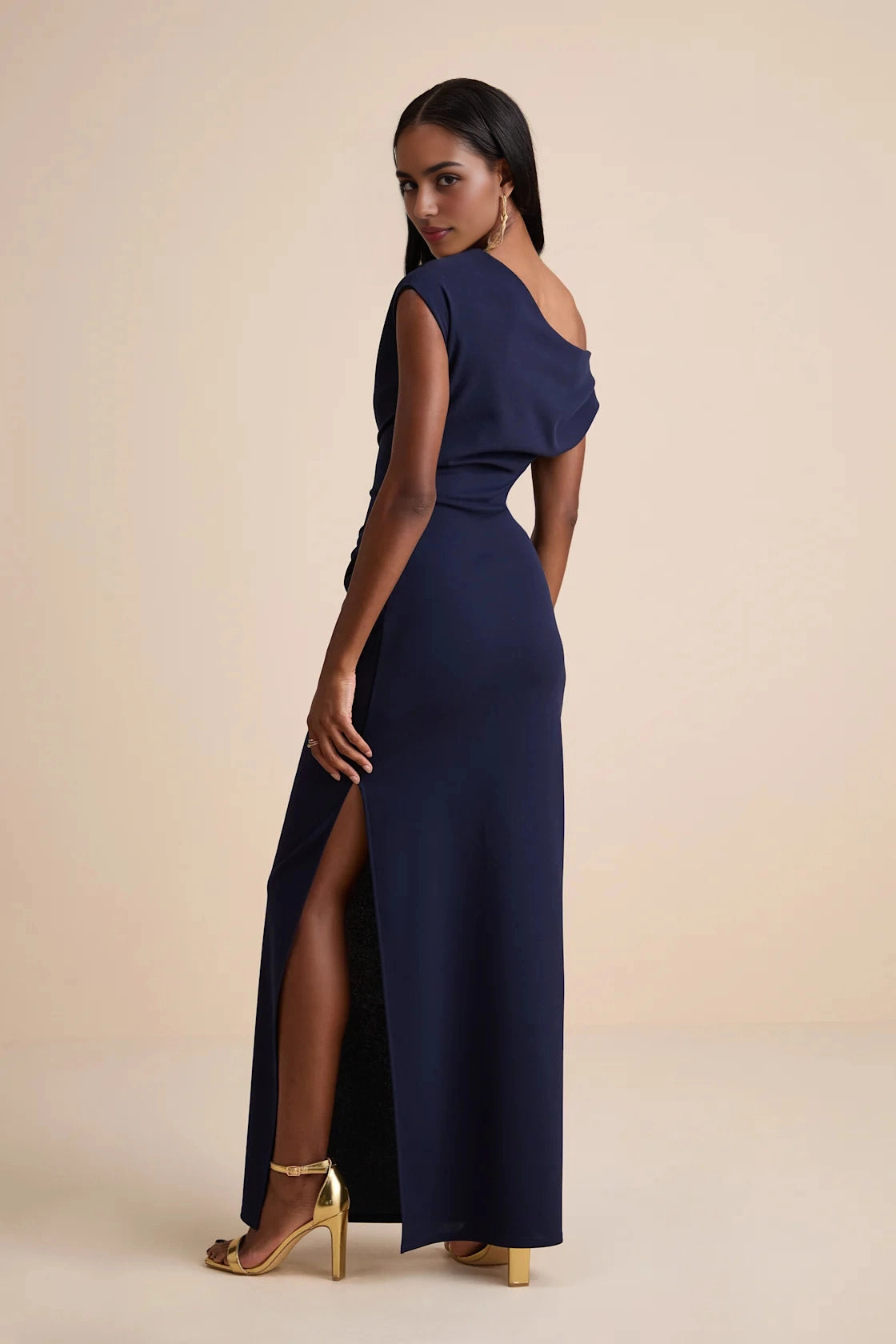 Back view RoselleDress navy one shoulder draped gown high slit sheath floor length wedding guest dress