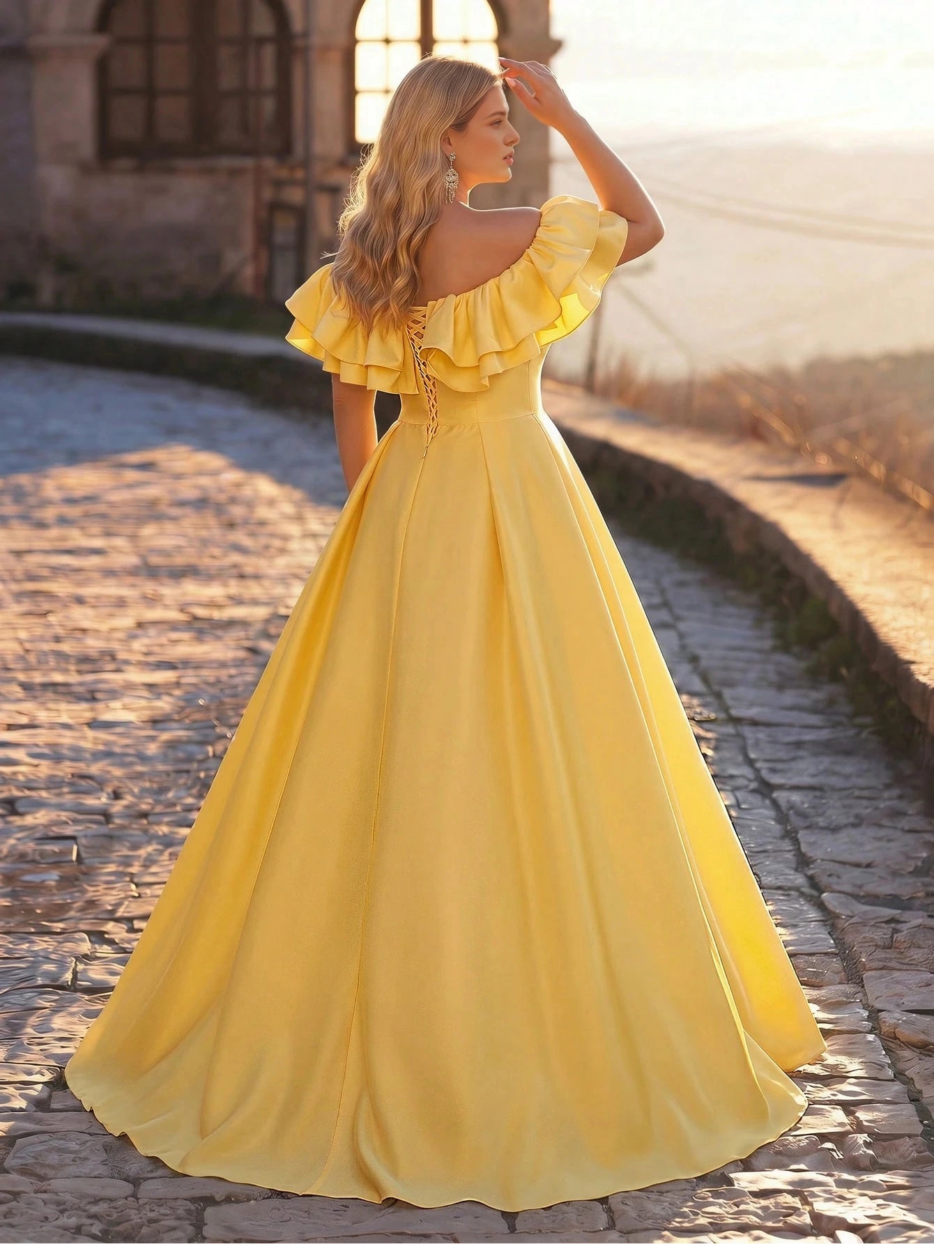 Roselledress plus size evening gown corset lace‑up back yellow satin ruffle formal dress rear view