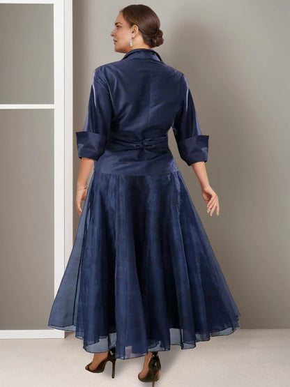 Roselledress navy satin midi plus size dress back view, ruched back waist layered a-line formal mother gown
