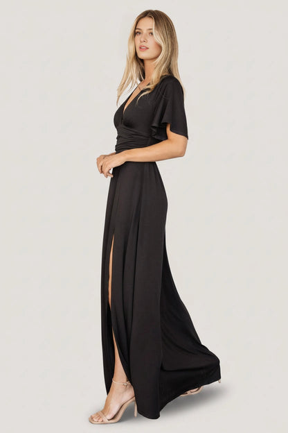 Slim plus size A-line V-Neck Flutter Sleeve Closed-Back Maxi Mother Of Bride Dress