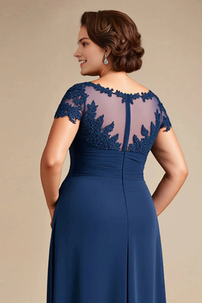 Elegant A‑Line Illusion Neck Cap‑Sleeve Illusion‑Back Floor‑Length Plus Size Mother Of The Bride Dress