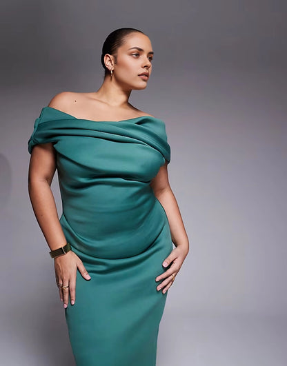 Draped Off‑The‑Shoulder Ruched Back‑Slit Maxi Plus Size Wedding Guest Dress