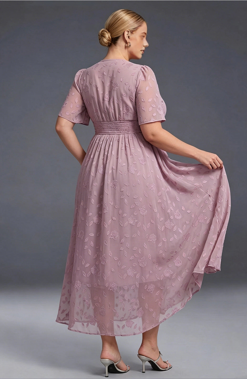 A-line Midi V-Neck Flutter-Sleeve Zip-Back Midi plus size Mother Of Bride Dress