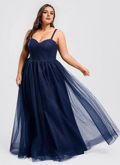 Roselledress navy glitter tulle plus size prom dress sweetheart corset spaghetti strap long formal gown