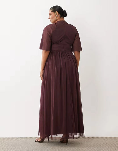 Roselledress plus size plum wine tulle high‑neck back zipper formal maxi wedding guest gown back view