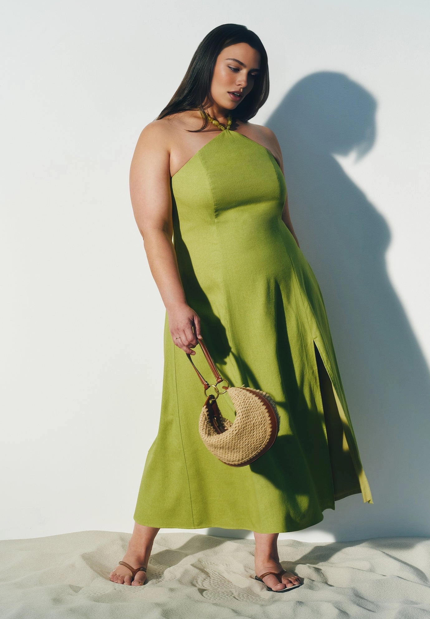 Roselledress Halter Neck Tie‑Back Slit Midi Plus Size Wedding Guest Dress