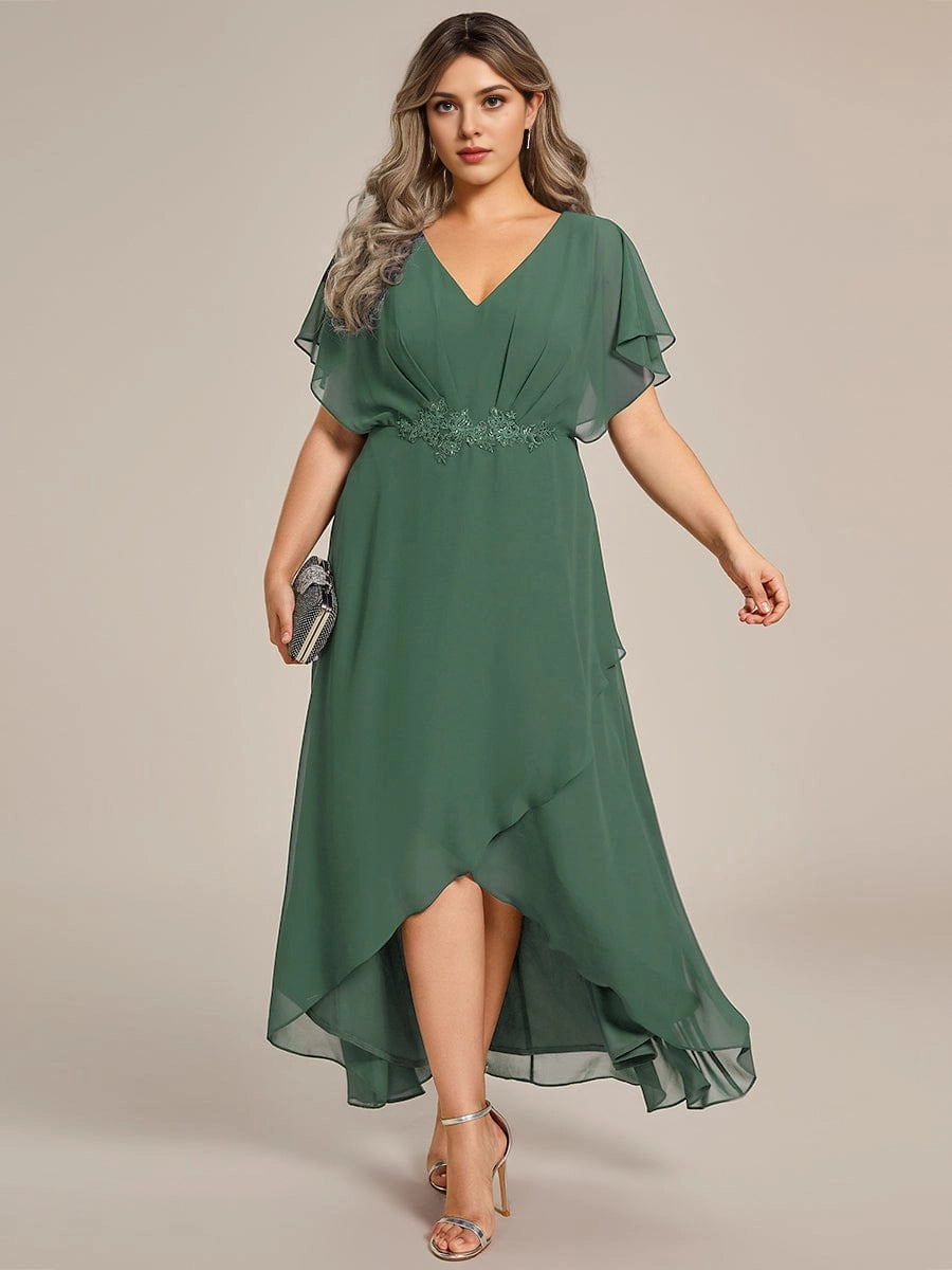 Roselledress Emerald lace waist flutter sleeve high low chiffon plus size wedding guest dress front view