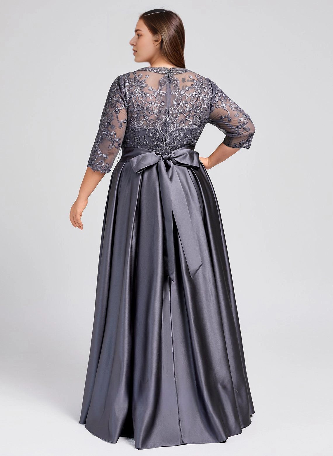 back view grey curvy satin evening dress lace bow back zip mother wedding outfit