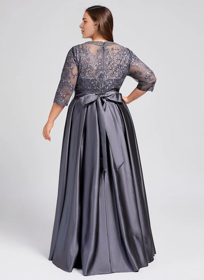 back view grey curvy satin evening dress lace bow back zip mother wedding outfit