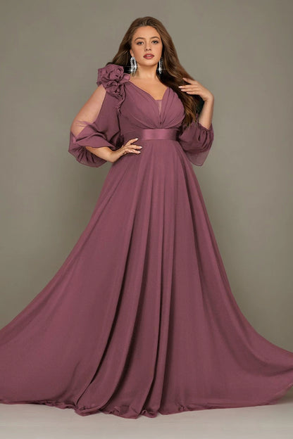 Flowy A-Line Deep V Split-Sleeve Zipper-Back Floor-Length Plus Size Burgundy Mother Of Bride Dress