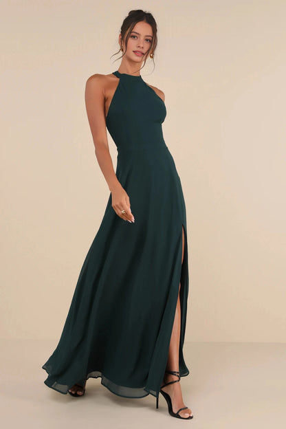 Navy A-Line Halter Sleeveless Cross Open Back Floor-Length Prom Dress