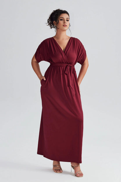 Navy Plus Size A‑Line Wrap V‑Neck Dolman‑Sleeve Pleated‑Back Floor‑Length Prom Dress