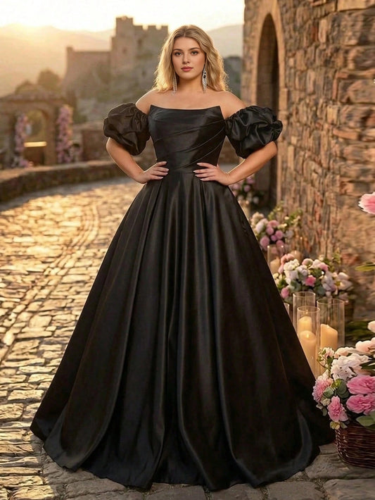Roselledress black plus size prom dress off shoulder detachable puff sleeve satin ball gown formal evening dress