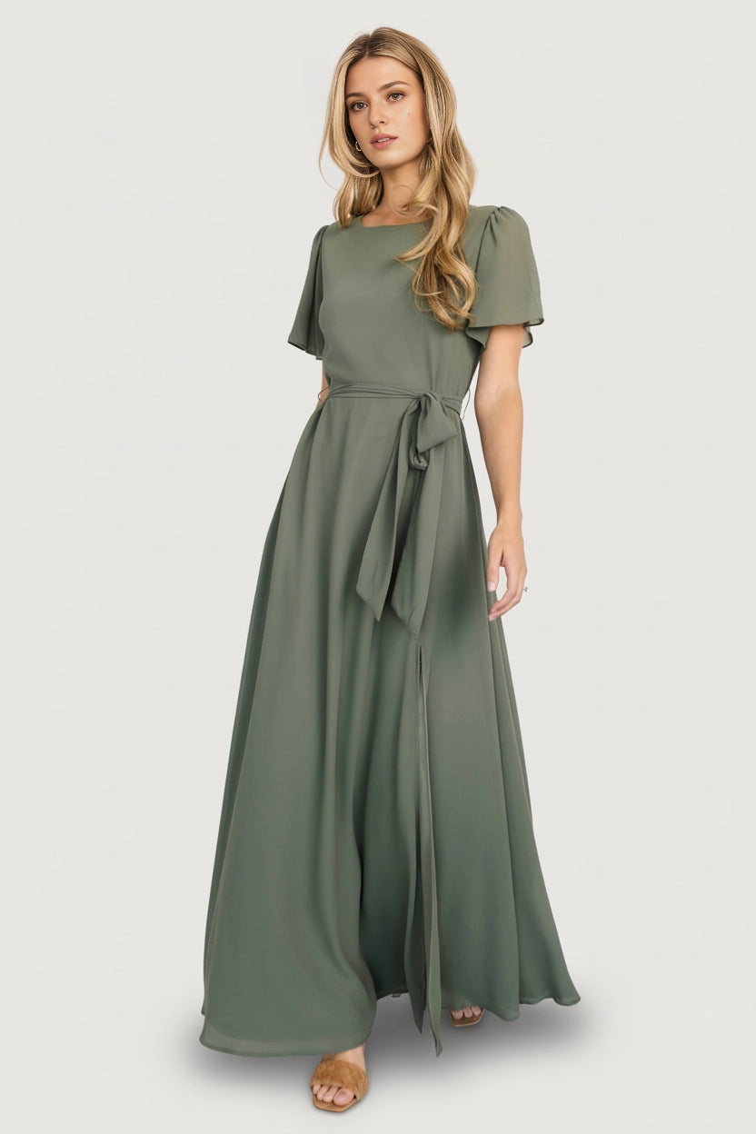 Chic Regular A-Line Round-Neck Flutter-Sleeve Keyhole-Back Floor-Length Mother Of Bride Dress